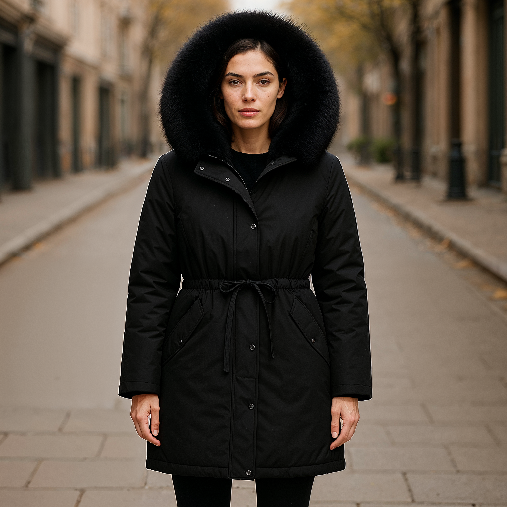 Parka Mulher Lianna para Inverno – Impermeável, Capuz Oversize & Cintura Ajustável