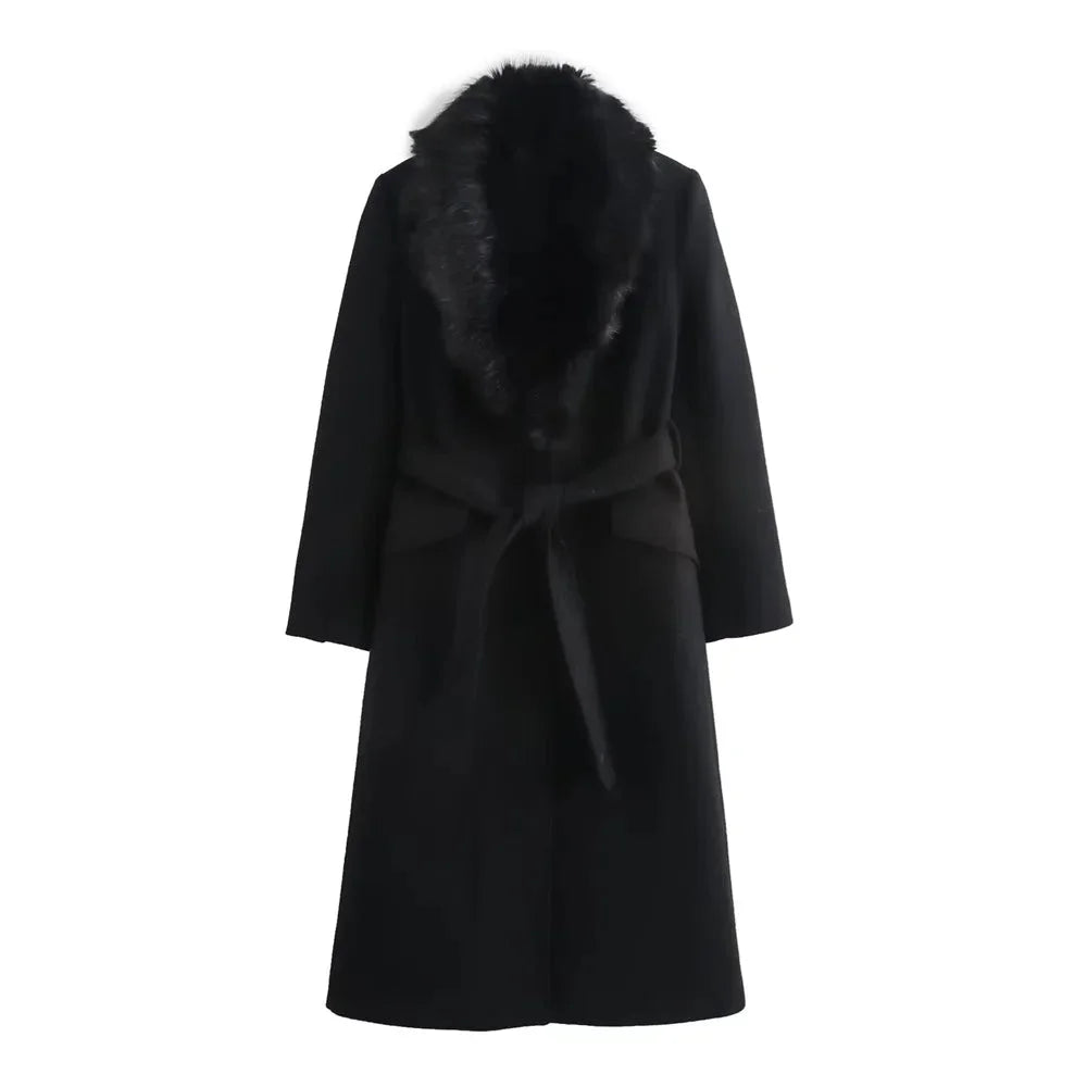 Abrigo de mujer junio invierno – Cuello de piel sintética, cinturón ajustable y calor elegante