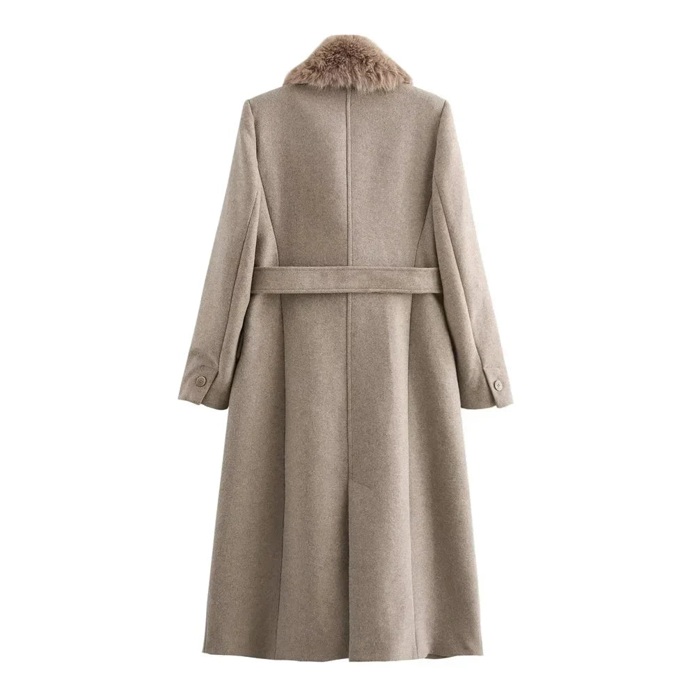 Abrigo de mujer junio invierno – Cuello de piel sintética, cinturón ajustable y calor elegante