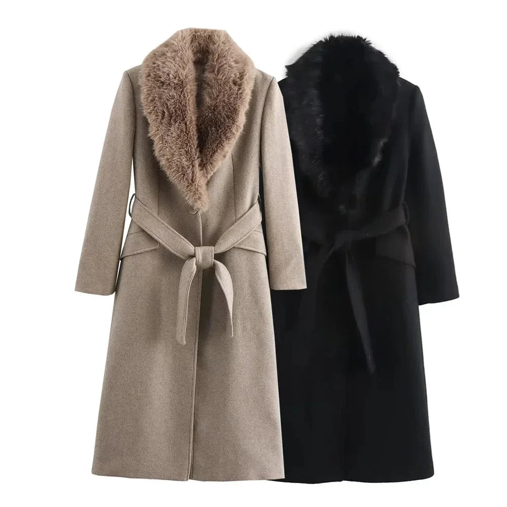 Abrigo de mujer junio invierno – Cuello de piel sintética, cinturón ajustable y calor elegante