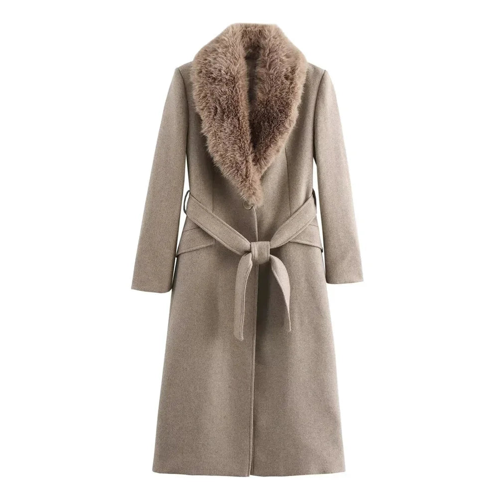 Abrigo de mujer junio invierno – Cuello de piel sintética, cinturón ajustable y calor elegante