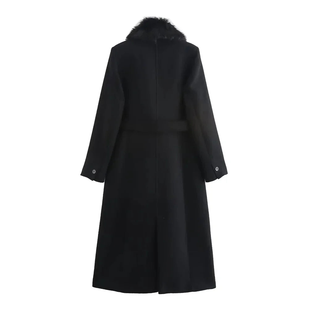 Abrigo de mujer junio invierno – Cuello de piel sintética, cinturón ajustable y calor elegante