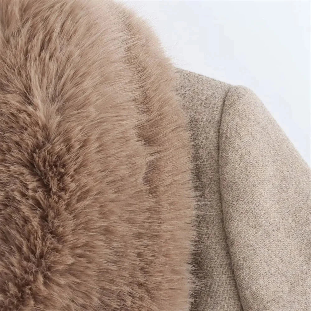 Abrigo de mujer junio invierno – Cuello de piel sintética, cinturón ajustable y calor elegante