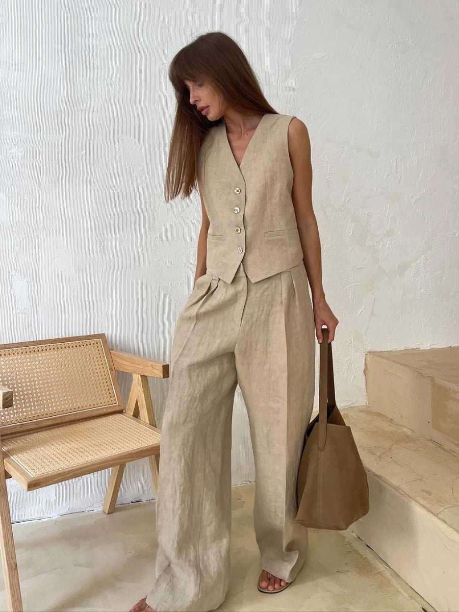 Freya Linen Set Women – Summer Coordinated Outfit with Sleeveless Vest & Wide-Leg Pants in Natural Style