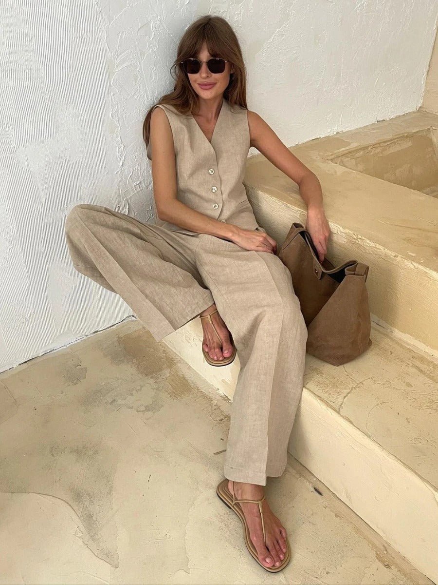 Freya Linen Set Women – Summer Coordinated Outfit with Sleeveless Vest & Wide-Leg Pants in Natural Style