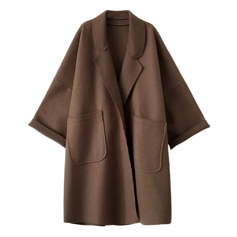 Megan Manteau dlouhý oversize dámský – vlněný kabát s páskem a elegantním dvojitým zapínáním na knoflíky