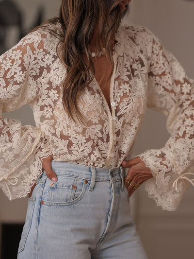 Blusa Viviana Donna – Camicetta Beige in Pizzo con Scollo a V, Bottoni e Maniche Lunghe Elegante