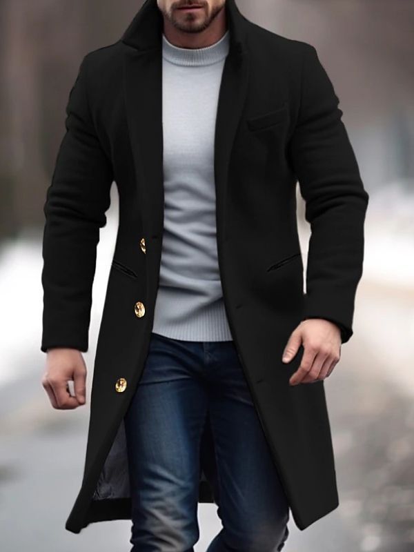 Robert Men's Winter Coat – Long Elegant with Practical Pockets, Buttons & Fitted Cut