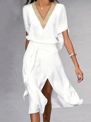Vestido para mujeres de Isabella Midi: elegante vestido blanco con tensión V y diseño minimalista atemporal