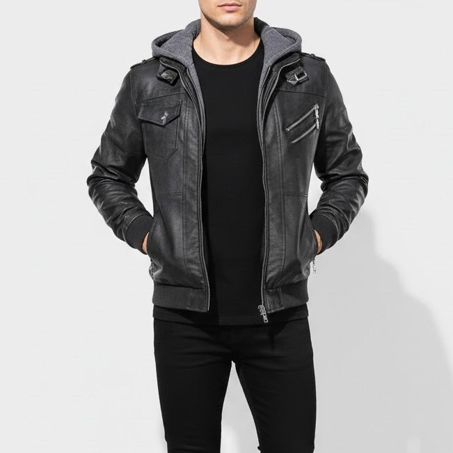 Filipo Veste en Cuir Homme avec Capuche – Blouson Moderne Coupe Normale au Style Urbain