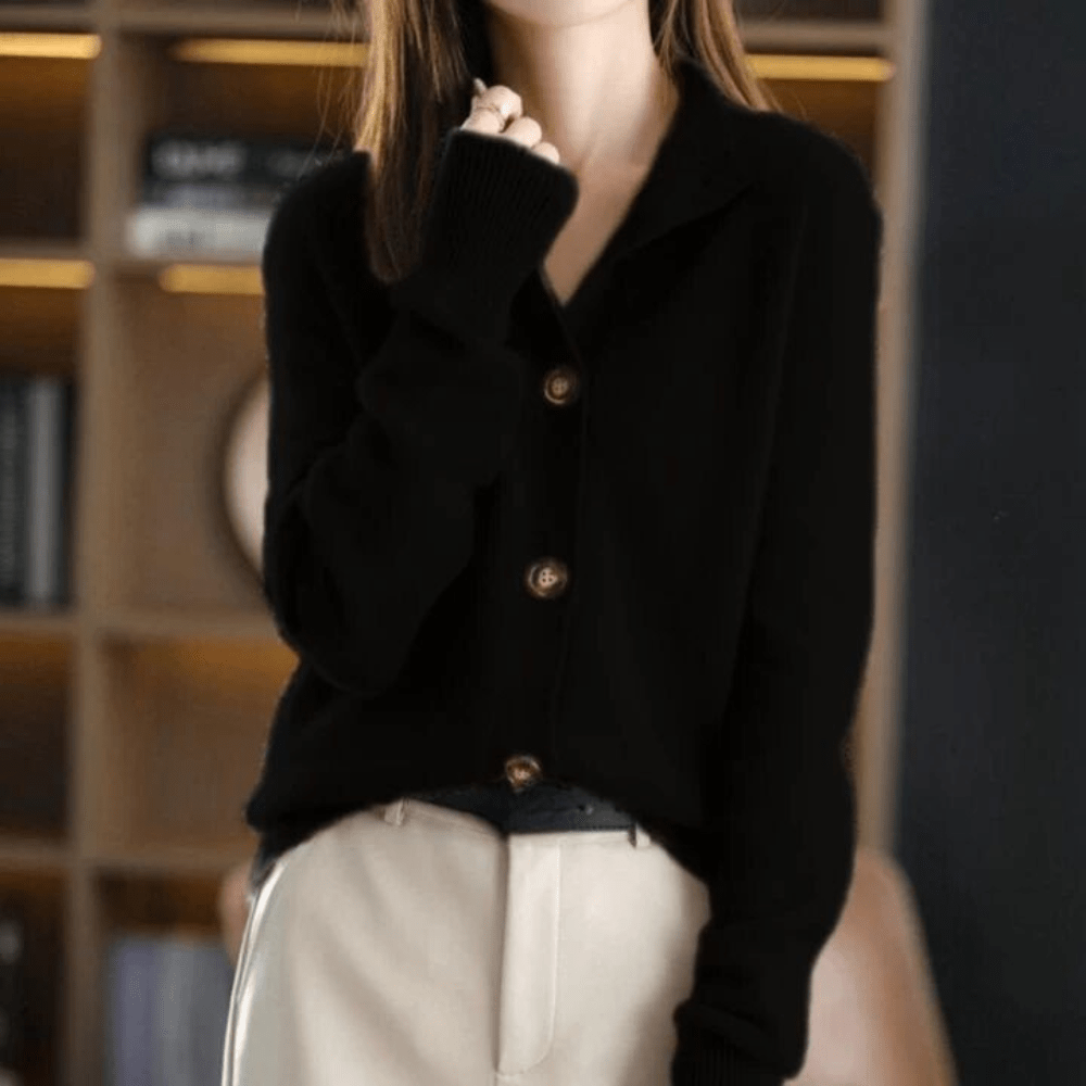 Marcy Cardigã para Mulher – Malha Macia com Gola, Botões Elegantes e Corte Confortável