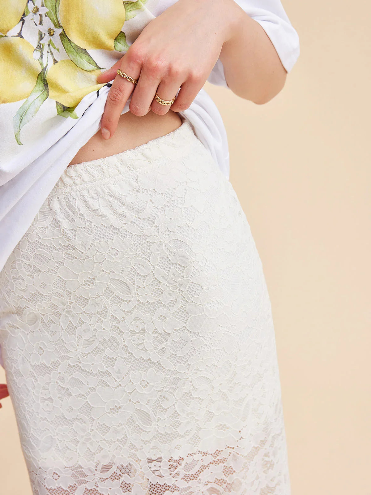 Ophelia Jupe Maxi Dámská sukně – Dlouhá sukně z poloprůhledné krajky v elegantní béžové barvě