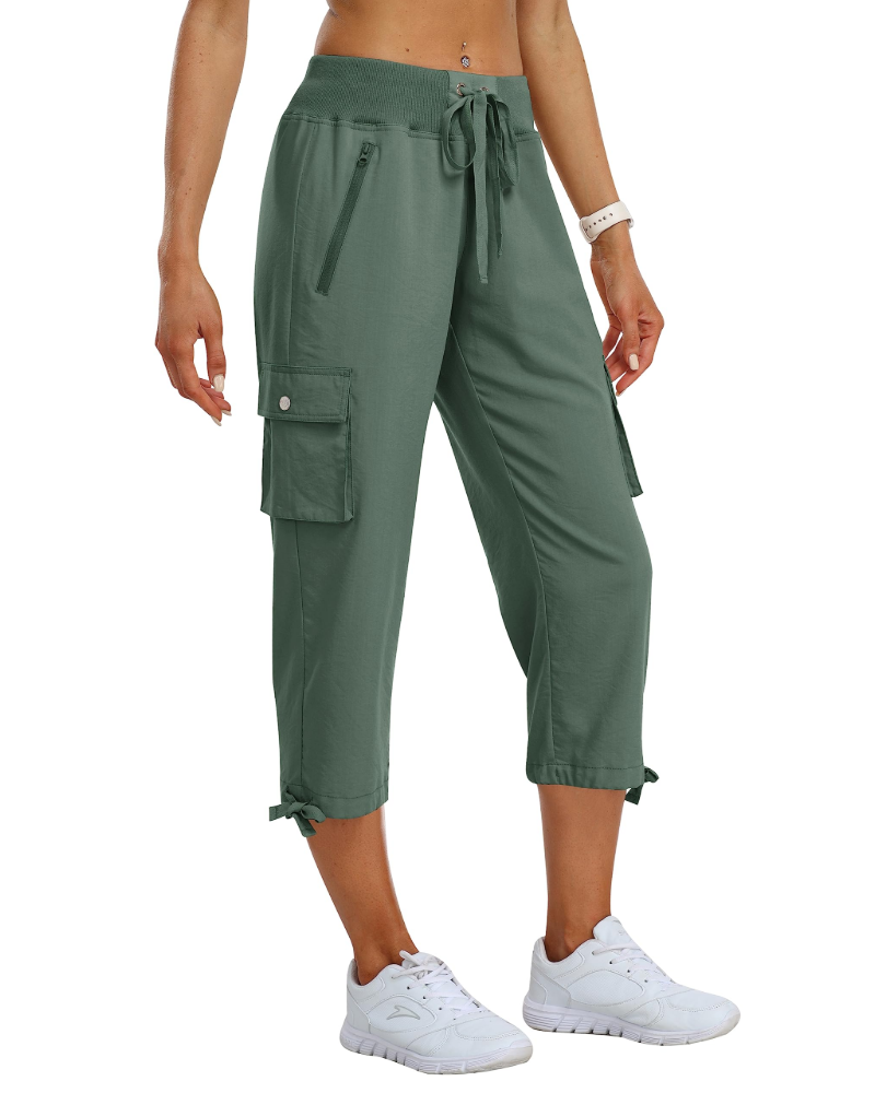 Calças cargo capri de mulher Lucie – 3/4 leves, respiráveis, com 4 bolsos e cordão ajustável