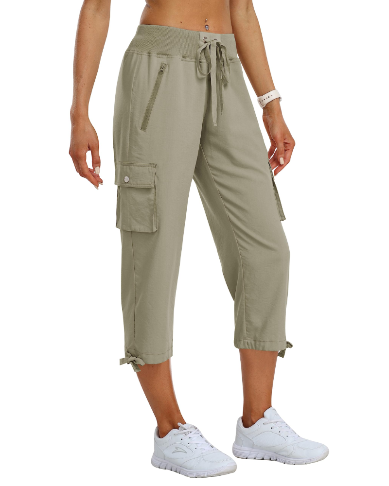 Calças cargo capri de mulher Lucie – 3/4 leves, respiráveis, com 4 bolsos e cordão ajustável
