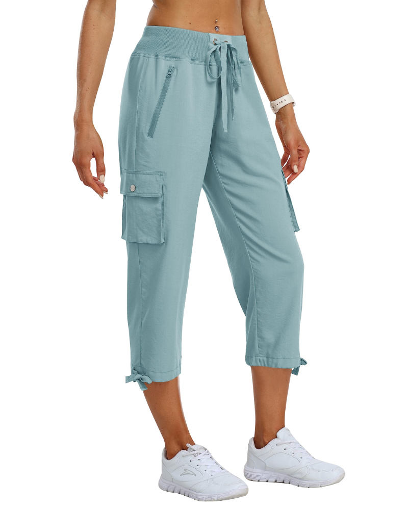 Calças cargo capri de mulher Lucie – 3/4 leves, respiráveis, com 4 bolsos e cordão ajustável