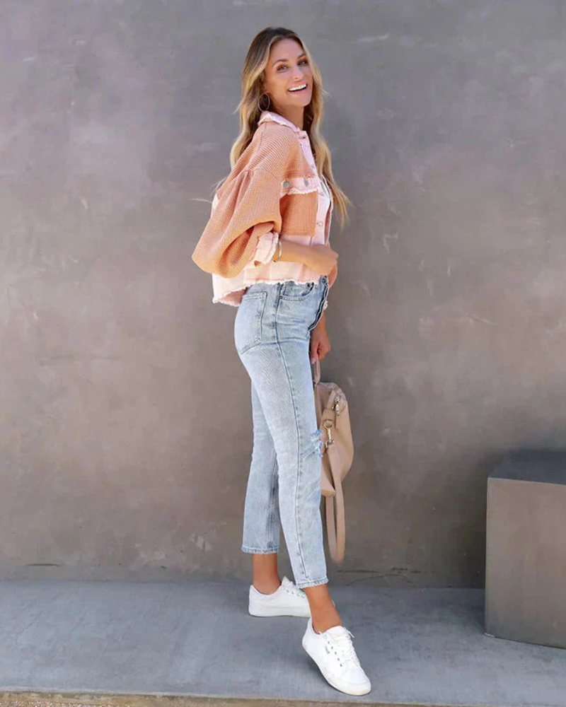 Brynn kratka ženska traper jakna – traperice s izrezanim rubom, uski kroj, casual chic stil